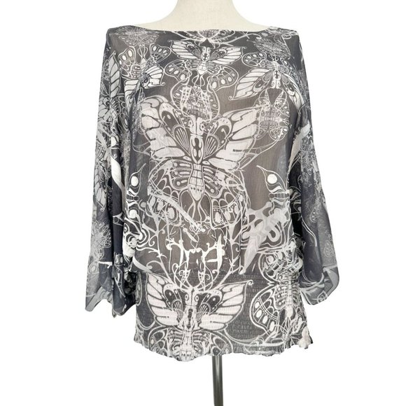 Unity World Wear Top Women's 3x Black White Butterfly Print Slightly Sheer - Picture 1 of 9